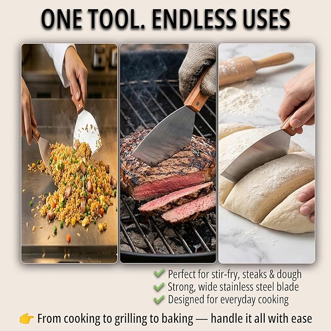 Griddle Scraper, Heavy Duty Stainless Steel Grill Scraper with Handle – Durable Griddle Scrapers for Flat Tops, Flat Top Grill Cleaner & BBQ Tools for Outdoor Grill, Easy Grease Removal (Style 03)