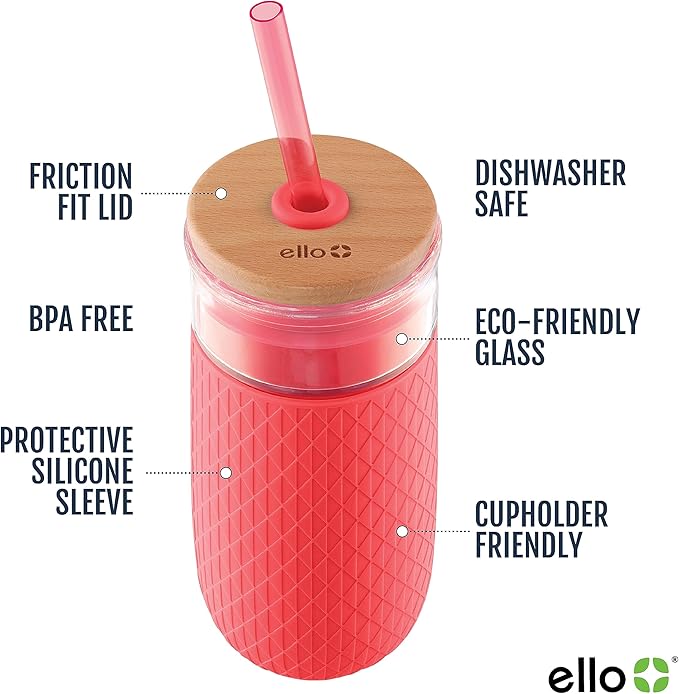 Ello Devon 18oz Glass Tumbler with Straw, Friction Fit Bamboo Wood Lid and Silicone Sleeve | Perfect for Iced Coffee, Tea, and Smoothies