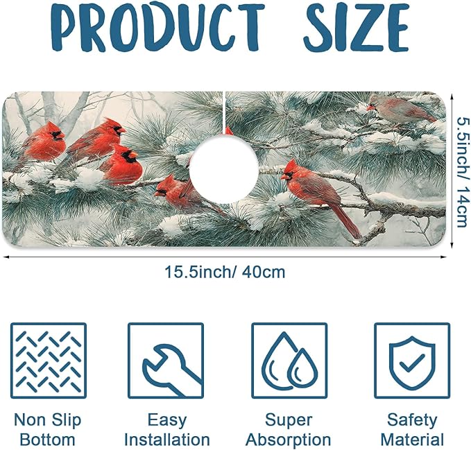Winter Sink Faucet Absorbing Mat Cardinal Christmas Super Absorbent Fast Drying Mat Sink Gadgets Behind Faucet Sinkmat for Kitchen Bathroom, 15.5"x5.5"