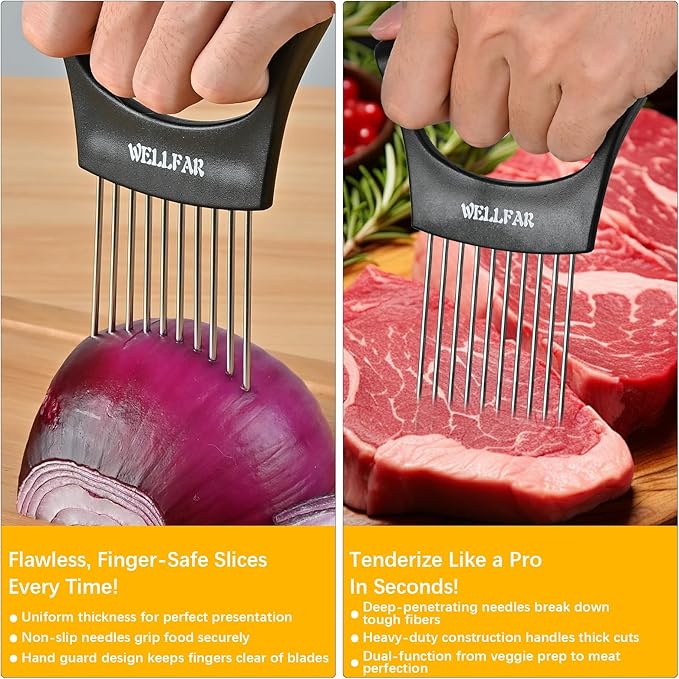【2 PCS】Onion Slicer Holder - Onion Holder for Slicing, Vegetable Chopper & Cutter Tool for Potato, Lemon, Tomatoes, Stainless Steel Kitchen Gadget with Guide Rack, Meat Prep & Food Essentials.