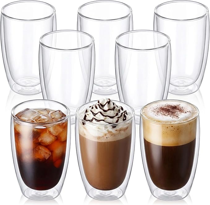 DOPUDO 17oz Double Wall Glass Coffee Mugs Set of 8, Insulated Coffee Mug, Clear Borosilicate Glass Coffee Cups for Cappuccino, Tea, Lightweight and Microwave Safe
