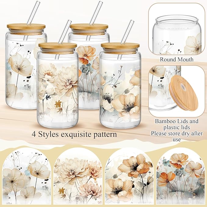 Mumufy 4 Pack Gift for Women Chinoiserie Flower Glass Cup Tumbler Flower Iced Coffee Mugs 16 oz Glass with Bamboo Lid & Straw, Mothers Day Birthday Gift for Mom Sister Bridesmaid Baby Shower