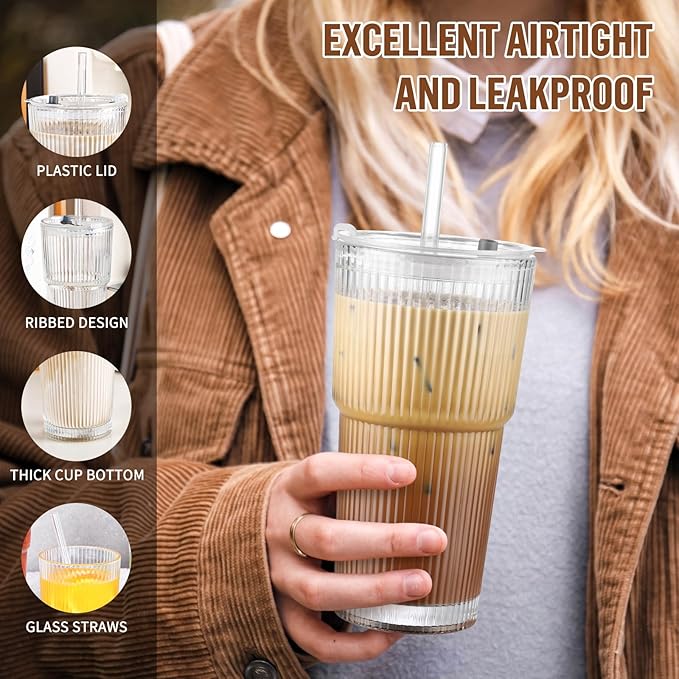 CWHHRN 20 oz Glass Cups with Lid and Straw 2 Set, Glass Tumbler with Straw and Lid, Vintage Glassware for Whiskey Cocktail Beer, Iced Coffee Cups with Lid (6 PACK)