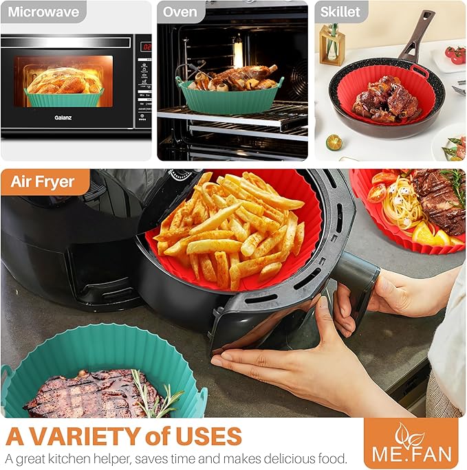 ME.FAN Air Fryer Silicone Liners for 4 to 7 QT [2 Pack] Reusable Air Fryer Basket with Handles & Holes Rose Pink + Light Grey