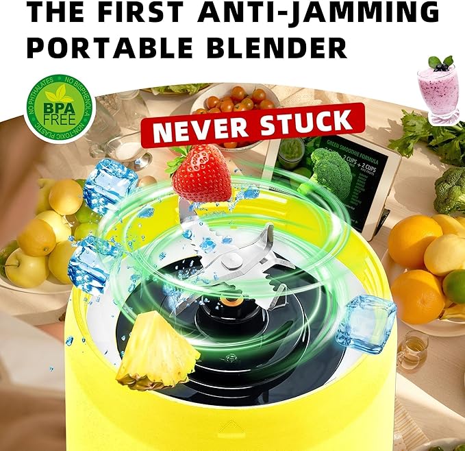 Portable Blender, Anti-Jamming 300 Watt for Shakes and Smoothies, 24oz Travel Blender USB Rechargeable, BPA Free Sporty bottle with a Travel Lid. (Yellow Base Yellow Lid)