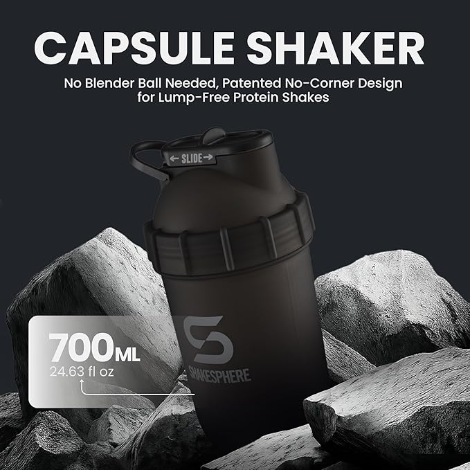 SHAKESPHERE Shaker Bottle - 24oz Leak-Proof Protein Shaker Bottle for Pre Workout, Smoothie, and Powder Drink Mixes, No-Blade Mixer for Gym, BPA-Free, Easy Clean & Easy to Carry (Frosted White)