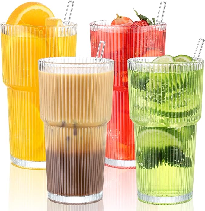 CWHHRN 20 oz Glass Cups and Straw 4 Set, Glass Tumbler with Straw, Vintage Glassware for Whiskey Cocktail Beer, Iced Coffee Cups (4 PACK)