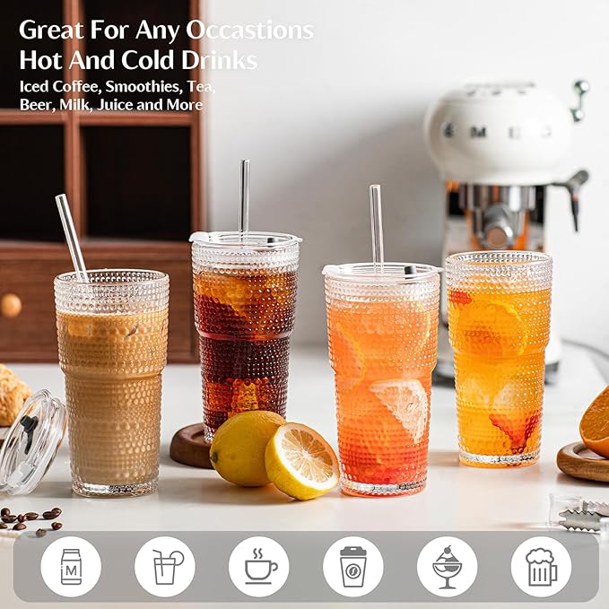 INSETLAN 20oz Hobnail Glass Cups with Lids and Glass Straws – 2 Pieces, Thick-Walled Glass Tumblers for Iced Coffee, Smoothies, Milk, Water, Juice, and More – Elegant and Durable Drinking Glasses