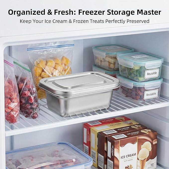 Hemoton Reusable Ice Cream Storage Containers with Lids Stainless Steel Food Keeper Freezer Box Insulated Ice Cream Tub for Refrigerator Home Made Ice Cream, 0.76 Quart Airtight Box for Frozen Yogurt