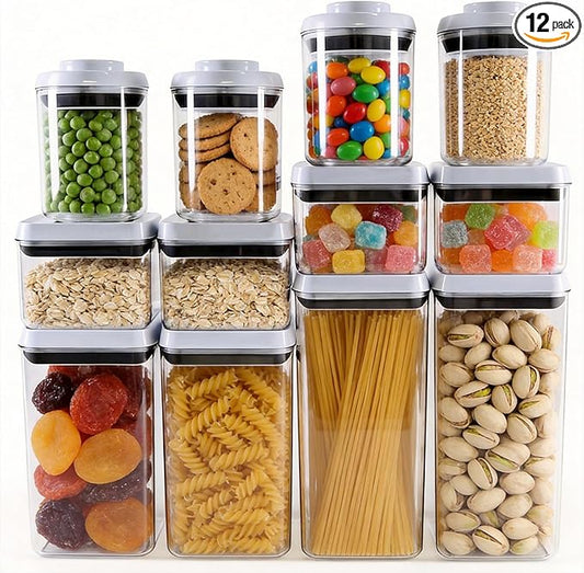 12 Pcs Pop Containers Set, Airtight Food Storage with Lids, Push Button BPA-Free Bulk Set for Large Family & RV, 0.65QT/0.7QT/1.8QT/2.4QT for Cereal, Flour, Sugar, Commercial Kitchen Storage