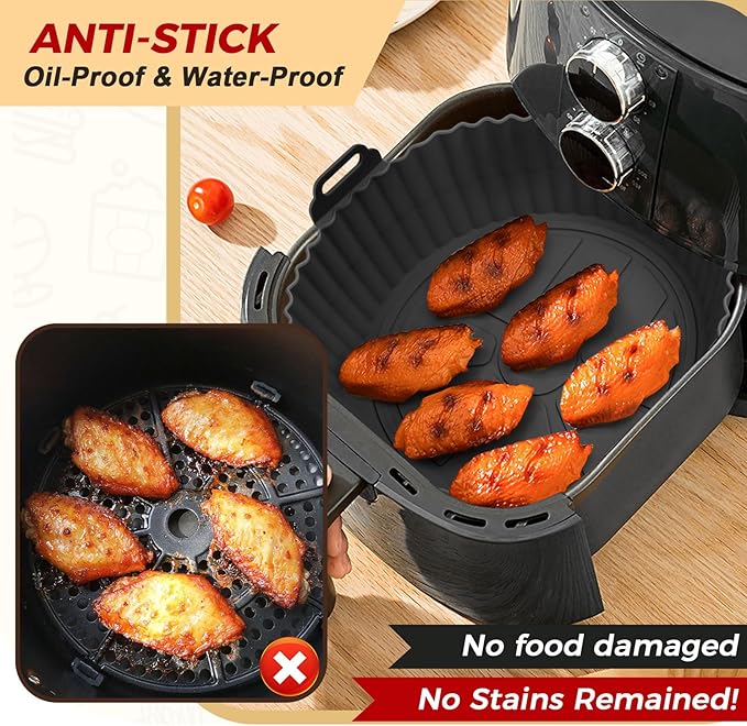 Buauty 3 Pack Air Fryer Silicone Liners 8inch Air Fryer Pot Reusable Food Grade Silicone Airfryer Liners Baking Basket Accessories Replacement of Flammable Disposable Parchment Paper