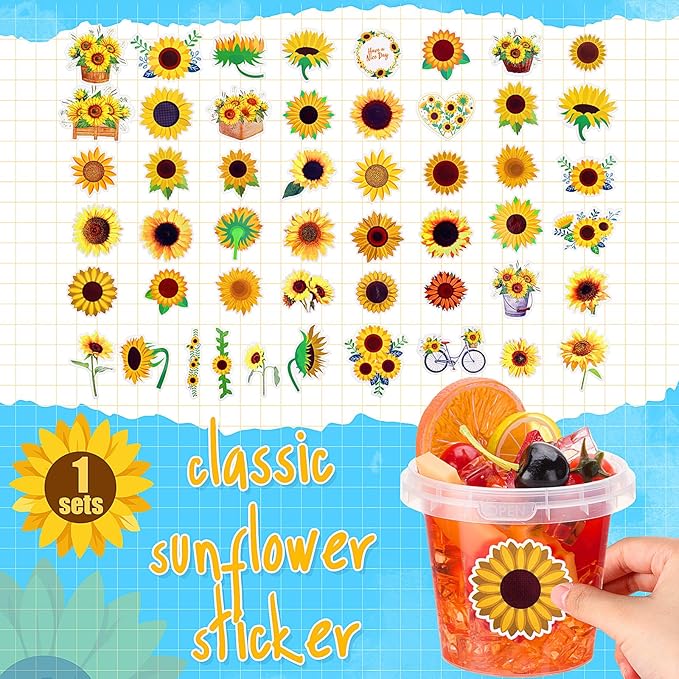 Funnymoom 30 Sets Clear Plastic Cups 24 oz Ice Cream Buckets with Lids & Straws Disposable Drink Cups Cocktail Pails Bulk with Handles and Stickers for Outdoor Beach Birthday Pool Party(Sunflower)