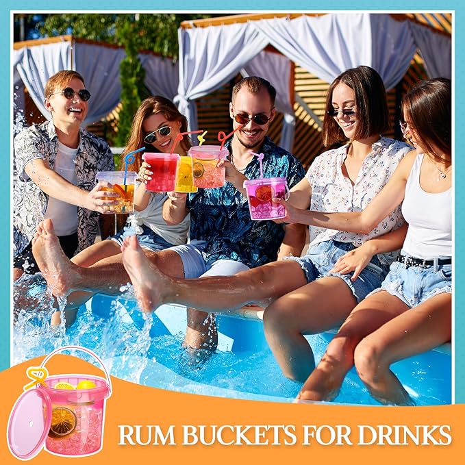 Funnymoom 48 Pack 25 oz Plastic Rum Buckets Bulks for Drinks with Straws Reusable Ice Cream Cocktail Cups Neon Party Bucket with Lids Handles Food Containers Cup for Summer Beach Bar Beer