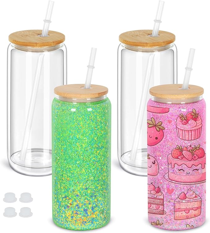 20 Oz Snow Globe Tumbler, 4 Pack Pre-Drilled Sublimation Glass Cup For Glitter Snow Globe Diy, Double Wall Sublimation Glass Tumbler