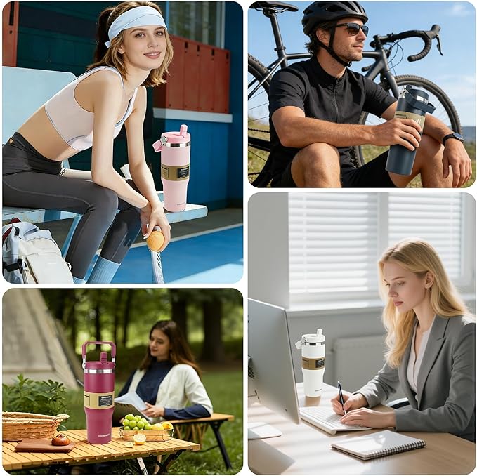 30oz Flip Straw Insulated Water Bottle with Handle, Leak Proof Stainless Steel Travel Coffee Mug, Double Wall Vacuum Tumbler for Cold Drinks, Gym Office Travel Essentials