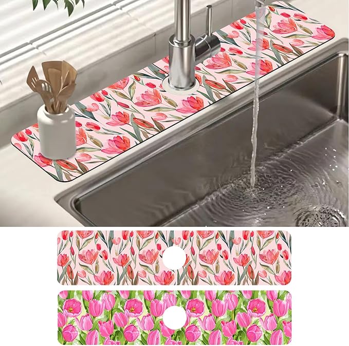 2 Pack Watercolor Tulips Sink Faucet Absorbing Mat Pink Tulips Super Absorbent Fast Drying Mat Sink Gadgets Behind Faucet Sinkmat for Kitchen Bathroom, 23.5"x5.5"