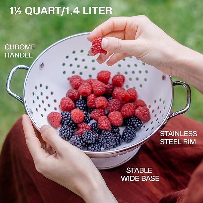 Reston Lloyd, 1.5 Quart Powder Coated Steel Kitchen Strainer Basket for draining Pasta, Vegetable and Fruit, Chrome Handles and Wide Stable Base, Red