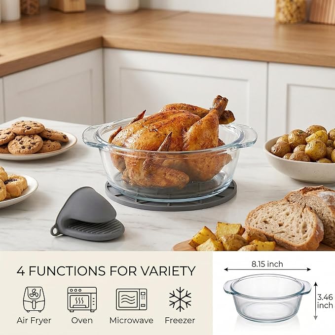Glass Air Fryer Liners Set for 5-8 QT, Reusable Non-Toxic Glass Airfryer Basket Insert with Silicone Mitts & Trivet Mat, Oven & Dishwasher Safe Air Fryer Accessories
