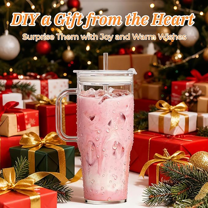 Birity 40OZ Borosilicate Glass Tumbler with Handle,Glass Cup with Lid and Straw-Reusable Iced Coffee Cup with Lid for Boba, Smoothies,Beer,Juice|Suitable for Gifts,Travel,Outdoor,Partys&Home