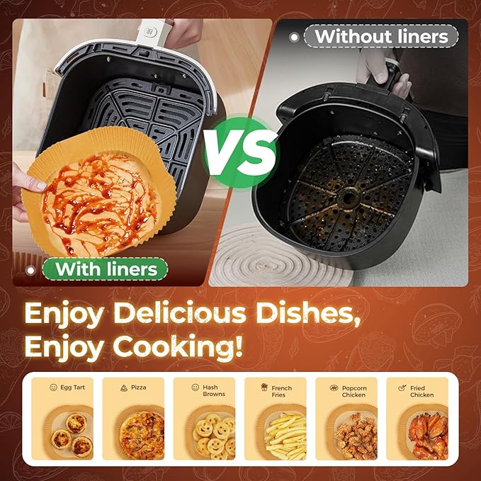 Air Fryer Liners Disposable, 100 PCS Non-Stick Air Fryer Paper Liners, Waterproof and Oilproof for Easy Cleanup, 8" Square Unbleached Parchment Paper for 5-8 QT Air Fryer, Baking, Microwave, Oven