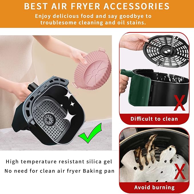 UOUYOO Air Fryer Silicone Pot,3 pack Air Fryer Silicone Liners Fits 3QT - 5QT Air Fryer,Reusable Replacement of Flammable Parchment Liner Paper Round Non Stick Air fryers Basket Oven Accessories