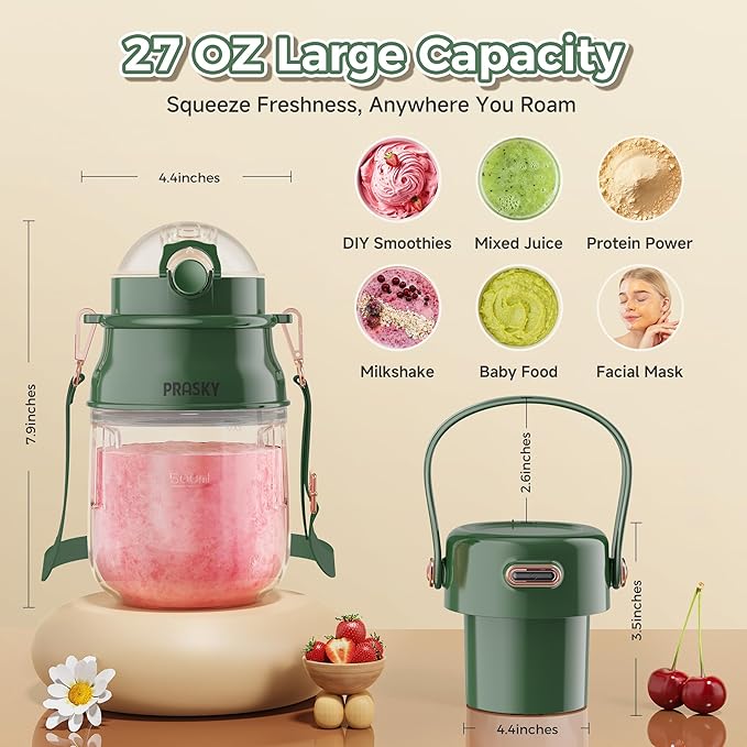 Portable Blender, Prasky Personal Blenders for Shakes and Smoothies with 27oz Cup, Lid and Shoulder Strap, Type-C USB Rechargeable, Personal Size Blenders BPA-free for Travel/Kitchen(Green)