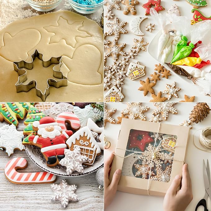 Large Christmas Cookie Cutters, 4" Holiday Sturdy Molds – Thickened Stainless Steel with Recipe Instruction – Snowman, Tree, Elk, Snowflake, Santa, Gingerbread – for Cookies, Sandwiches, Cake, Fruit