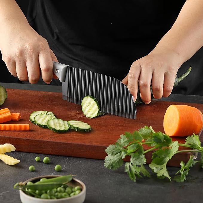 Crinkle Cut Knife, HIA Crinkle Cutter for Veggies, French Fry, Potato, Cucumber, Carrot and Fruit, Stainless Steel Wave Fries Cutter Slicer With Stylish Rubber Handle, Dishwasher Safe