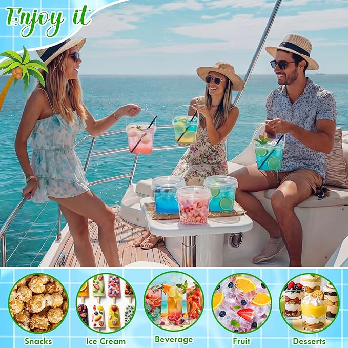100 Pcs 25 oz Square Clear Drink Buckets with Lids and Straws Reusable Plastic Bucket Cups with Handle for Ice Cream Coffee Cocktail Large Food Safe Party Cup for Pool Beach Bar Birthday