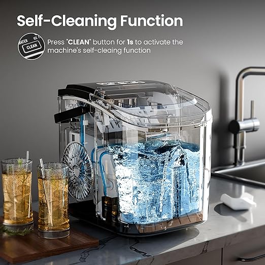 AGLUCKY Ice Makers Countertop with Handle,26.5Lbs/24H,9 Cubes in 6 Mins,2 Sizes of Bullet Ice,Portable Machine with Self-Cleaning,Perfect for Home Kitchen(Black)