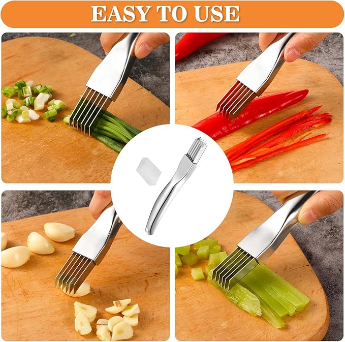 2Pcs Upgrade Shred Silk The Knife, Stainless Steel Green Onion Cutter, Multifunctional Kitchen Vegetable Chopper for Garlic Onion, Premium Food Slicer Gadget, Off the College