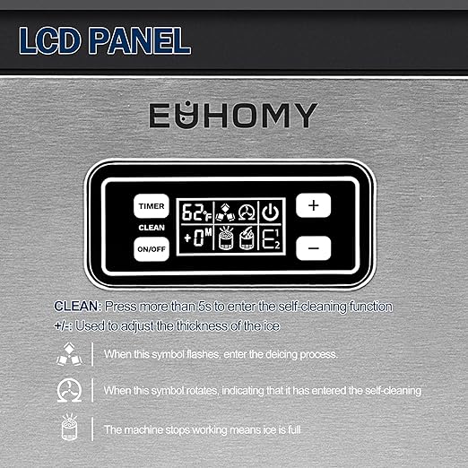 EUHOMY Commercial Ice Maker Machine, 150lbs/24H Stainless Steel Under Counter ice Machine with 33lbs Ice Storage Capacity, Freestanding Ice Maker.