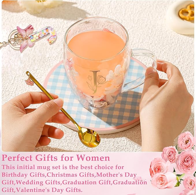 Gifts for Women Flower Cute Monogrammed Double Wall Glass Coffee Mug Initial Tea Cup Monogrammed Customized Birthday Valentine Wedding Christmas Gift for Mom Wife Friends Sister Birde Coworkers (J)