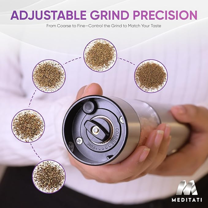 Rechargeable Automatic Salt and Pepper Grinder Set - One Hand Operation with LED Light for Precise Seasoning - Adjustable Coarseness with Ceramic Core - Set of 2