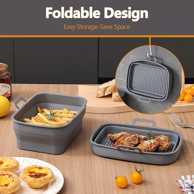 Collapsible 2-Pack Air Fryer Silicone Liners for 10QT NINJA Foodi Dual, Reusable Rectangular Silicone Basket Pot for Air Fryer Accessories (Gray)