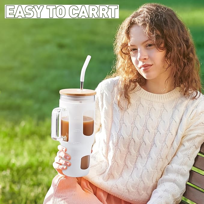 WINSA Glass Tumbler with Straw and Lid, 32 oz Glass Cup with Handle, Glass Water Bottles with Time Marker, Silicone Protective Sleeve - White