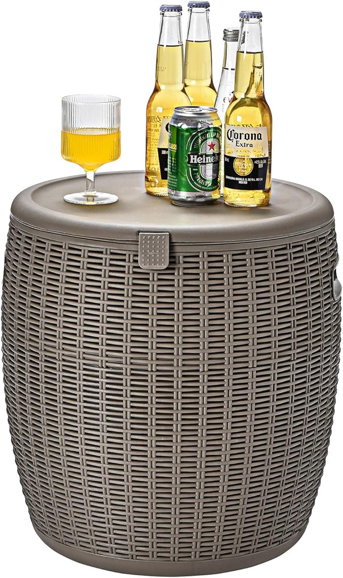 Giantex 9.5 Gallon Ice Cooler, Wicker Round Ice Chest, Outdoor Beer Wine Ice Bucket, Top Lid Side Handles Drainage Plug, Weather-resistant Patio Cool Bar Table for Cocktail Party Poolside Deck