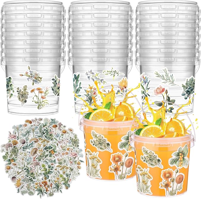 PerKoop 20 Pcs 32 oz Ice Cream Buckets with Lids and Handles Clear Cocktail Rum Buckets with Stickers Plastic Transparent Tub Reusable Food Storage Containers for Parties(Wildflower)