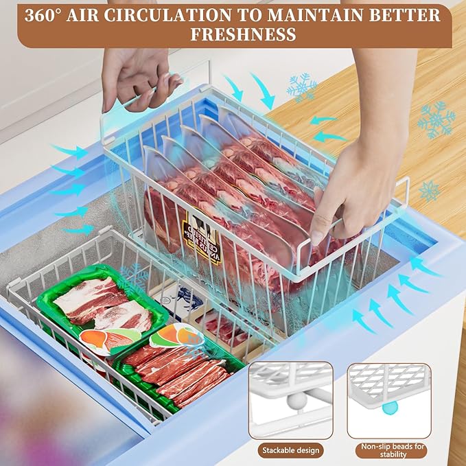 Enhanced Leak-Proof Bottom - Freezer Organizer Bins ，6 Pack Stackable Deep Freezer Organizer Bins for 7 Cu.FT Small Chest Freezer，organization and storage，pantry organizers（white）