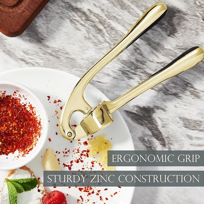 Kitessensu High Effective Garlic Press With Studs, Heavy Duty Garlic Mincer, Easy to Squeeze and Clean, Rust Proof, Ginger Crusher - Golden