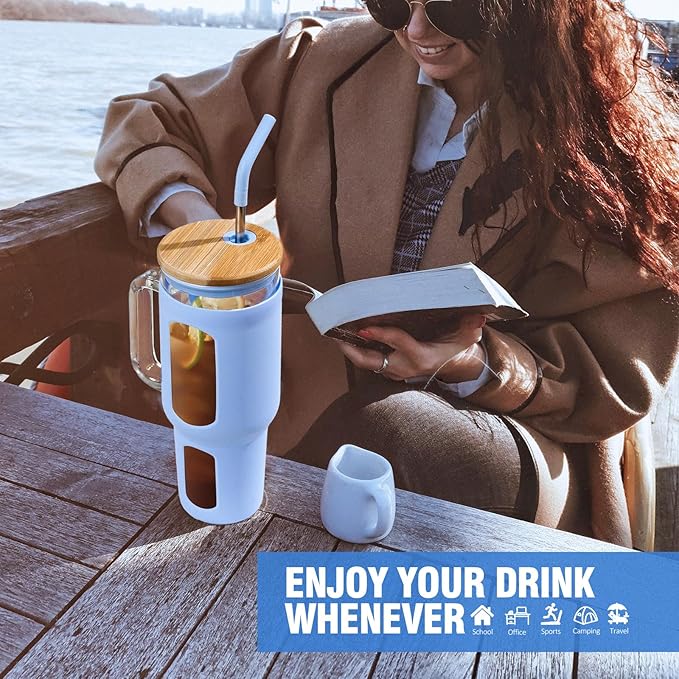 WINSA Glass Tumbler with Lid and Straw, 46 oz Iced Coffee Cup with Handle, Large Water Bottles with Silicone Sleeve, Glass Cup with Straws - Pearl Straw & Drinking Straw BPA Free-Glacier