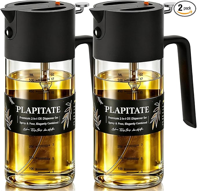 PLAPITATE 2Pcs 17oz Premium Olive Oil Sprayer for Cooking, 2 in 1 Glass Olive Oil Dispenser Bottle for Kitchen Gadgets, Spray Bottle with Portion Control for Salad, Frying, BBQ (2 Black)