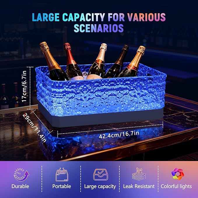 15L LED Ice Bucket for Parties, Rechargeable 7-Color Light Up Beverage Tub, Clear Acrylic Glacier Texture Wine Cooler, Leakproof Drink Chiller for Home Bar & Entertaining