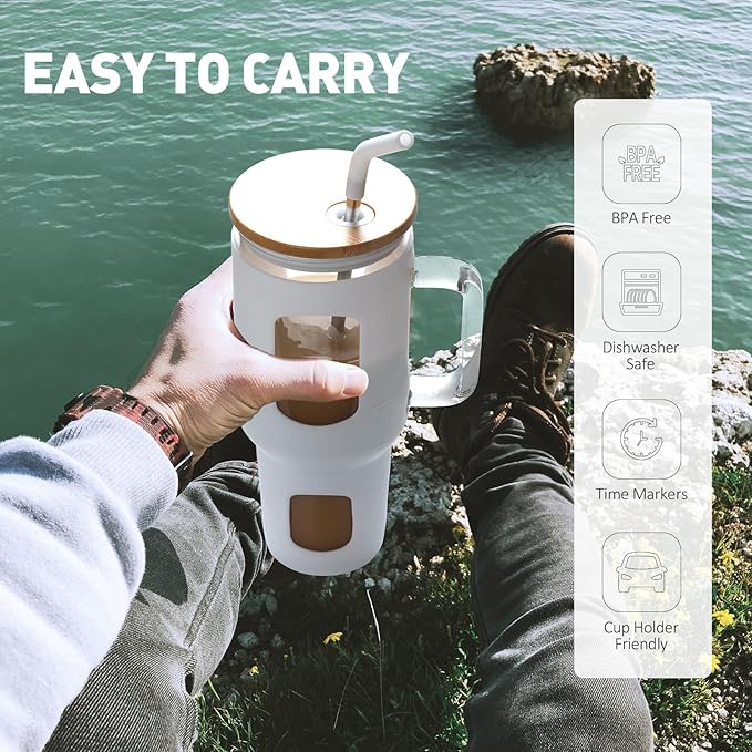 WINSA Glass Tumbler with Straw and Lid, 40 oz glass cup with handle, Glass Water Bottles with Time Marker, Silicone Protective Sleeve-White