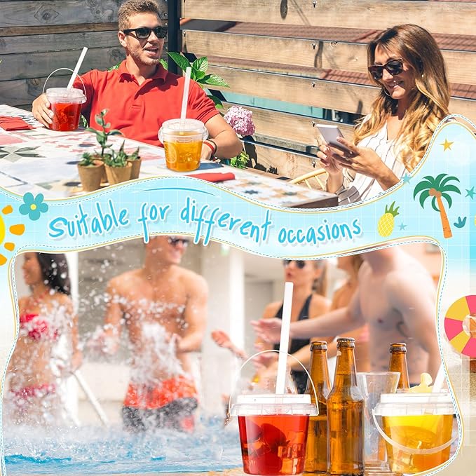 Funnymoom 200 Set 16oz Clear Plastic Drink Buckets with Lids and Straws Disposable Iced Coffee Cups Rum Buckets for Cocktail Parties Smoothie Cup Bulk with Handles for Beach Pool Party Supplies