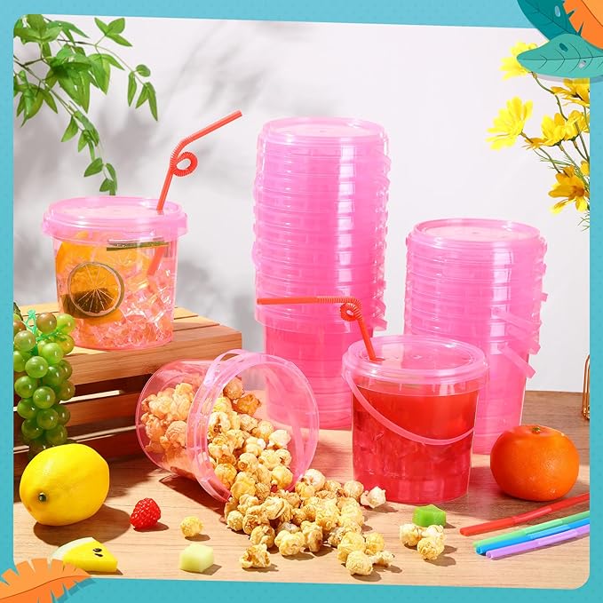 Funnymoom 16 Pack 32 oz Plastic Rum Buckets for Drinks with Straws Ice Cream Cocktail Bucket with Lids and Handles Reusable Food Containers Cup for Parties Summer Beach Bar Beer (Rose Pink)