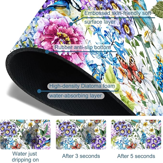 Beautiful Floral Kitchen Sink Splash Guard Faucet Mat Flower Bird Butterfly Super Absorbent Fast Drying Mat Sink Splash Guard Behind Faucet for Kitchen Bathroom, 15.5"x5.5"