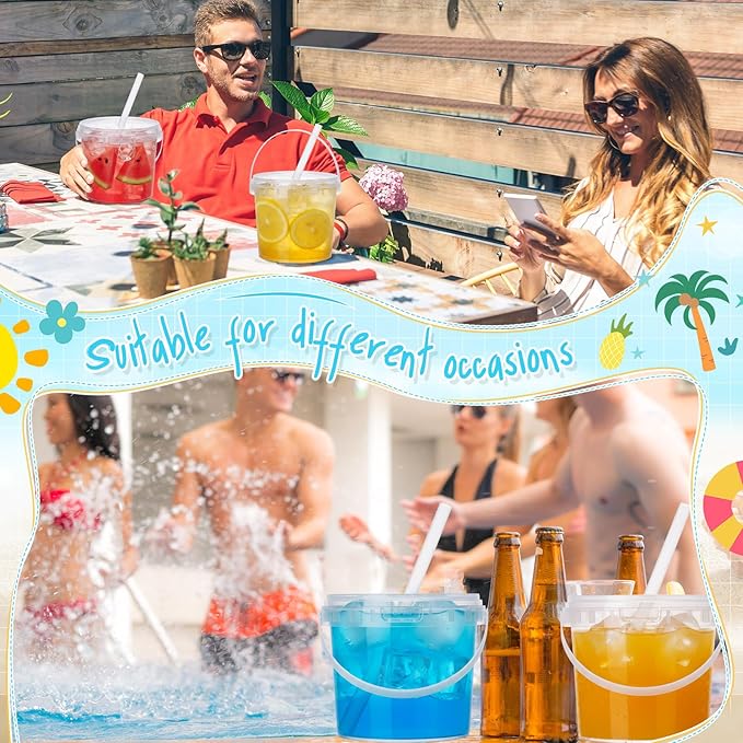 Funnymoom 50 Set 51oz Clear Plastic Drink Buckets with Lids and Straws Disposable Iced Coffee Cups Rum Buckets for Cocktail Parties Smoothie Cup Bulk with Handles for Beach Pool Party Supplies