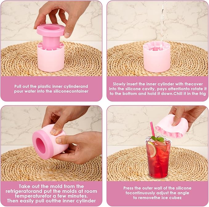 2 Pack Cylinder Silicone Ice Cube Molds, Easy-Release Ice Cube Trays for Cocktails, Whiskey, Coffee, Drinks, Portable Ice Bucket Maker Cup with Squeeze Design, 40 Pcs Ice Cubes Capacity (Pink)