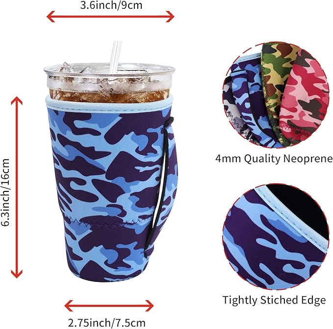 4Pack Reusable Iced Coffee Sleeve Insulator Sleeves for Cold Drinks Beverages, Neoprene Cup Sleeve With Handle for Most Coffee, Fits 30-32oz Large Cups (Camo with Handle)
